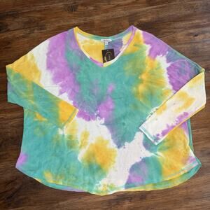 White Birch tie-dye watercolor V-neck lightweight sweatshirt LARGE stretchy